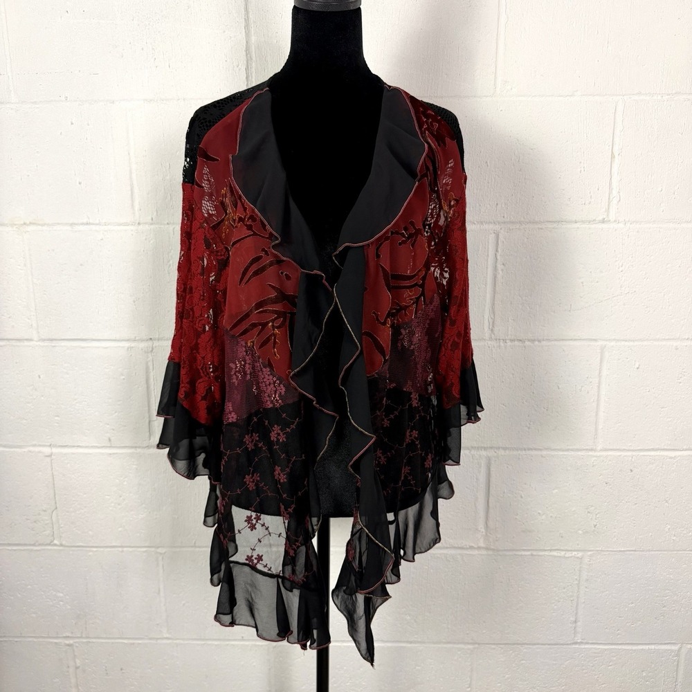 VTG Spencer Alexis Silk Velvet Burnout Kimono XL Red Black Lace Whimsigoth Fairy